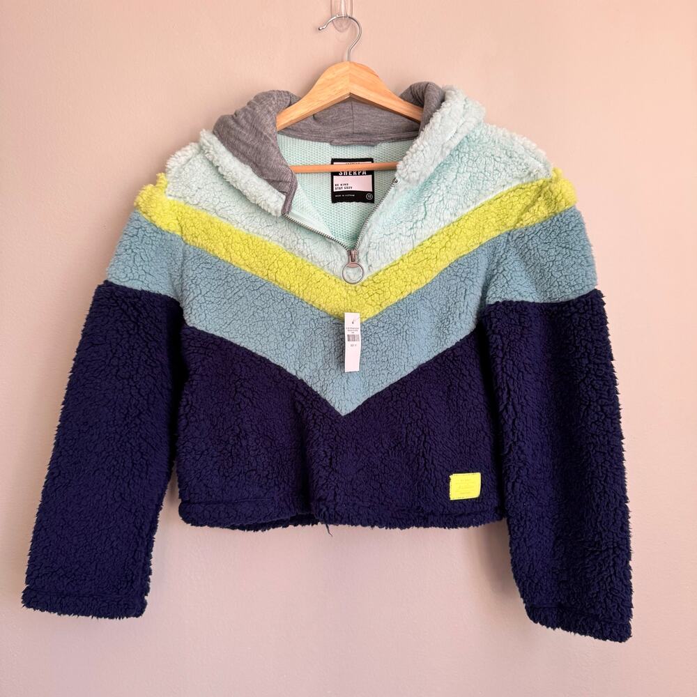NWT Justice Girls Sweater Hooded Sherpa Size 12 Cropped Navy Teal